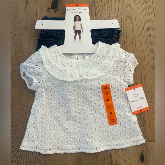 NWT Koala Kids Toddler Girl 2T Short Set Lace White Top Jean Cotton Frilly - Picture 1 of 12